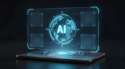 Artificial Intelligence Interface on Laptop Screen Displaying Global Connectivity