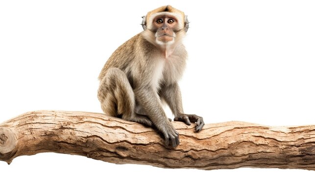 Young capuchin monkey perched on a weathered log against a white background