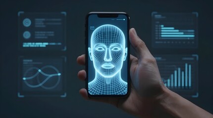 A hand holding a smartphone displaying a digital human face interface with futuristic data visualizations in the background