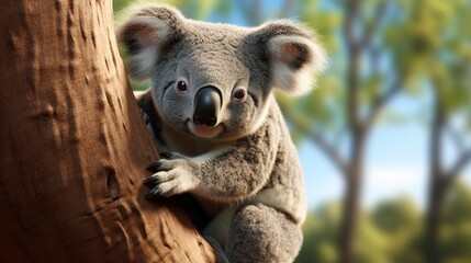 Obraz premium Young Koala Clinging to a Tree Trunk in a Bright Australian Forest Setting