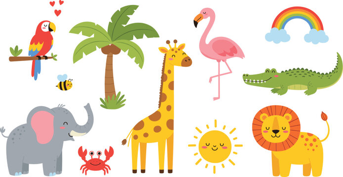 Cute wild animal cartoon vector illustration set with giraffe lion elephant flamingo crocodile and tropical elements