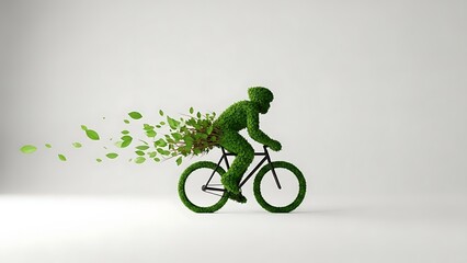 Green cyclist spreading leaves on eco friendly bicycle ride