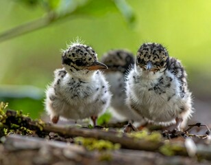 Three small, fluffy birds with speckled plumage stand on a forest floor with a blurred green background