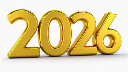 Golden three-dimensional numbers spelling out the year 2026 on a white background