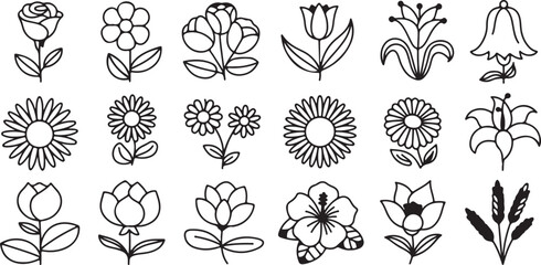 Stylized Black and White Icons of Diverse Flowers and Floral Arrangements Keywords: flower, floral, plant, nature