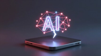 Smartphone displaying AI innovation and futuristic technology in a dark environment