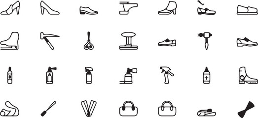 Variety of Footwear and Cobbler Tools Icons in Black Outline shoe boot