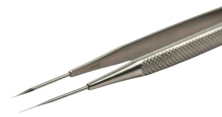 Close-up of stainless steel surgical micro forceps tips on a transparent background