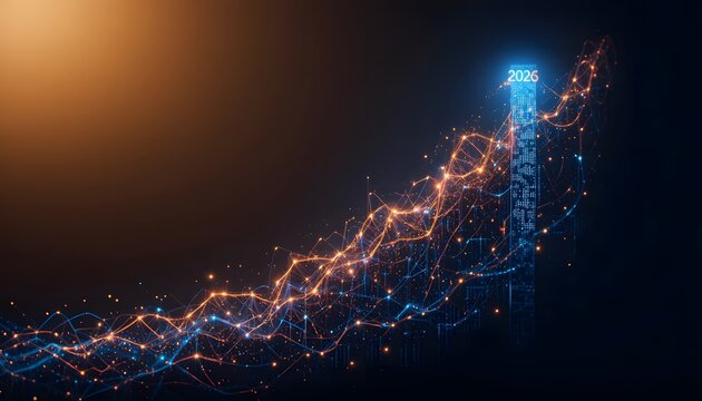 Future digital growth forecast for 2026 represented by an abstract data network. 2026 business growth - Powered by Adobe