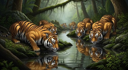 Tigers drinking from a stream in forest.