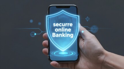 A hand holding a smartphone displaying a secure online banking shield