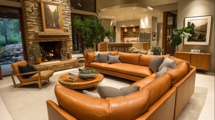 Fototapeta premium Cozy Living Room with Leather Sofa and Stone Fireplace in Modern Mountain Lodge Style Interior