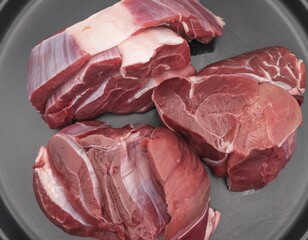 Fresh raw beef meat pieces on black plate isolated on white background for cooking