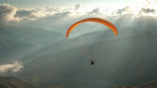 Paraglider Soaring Over Majestic Mountain Landscape During Golden Hour.