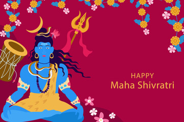 Happy Maha Shivratri . Colored background of hindu festival with illustration  lord Shiva .  Vector illustration in flat style 