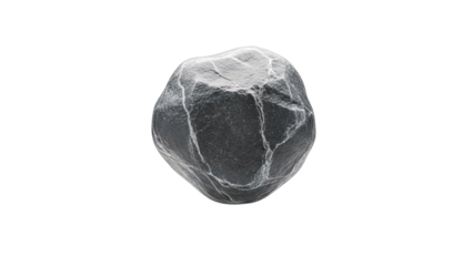 Single dark gray rock with white veins on white background
