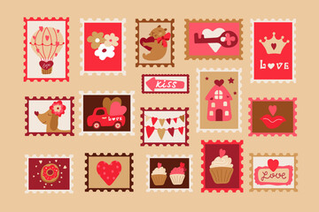 Set of Valentines day stamp stickers. Vector illustration .	