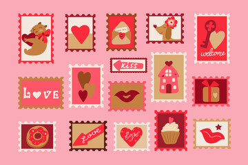 Set of Valentines day stamp stickers. Vector illustration in flat style	