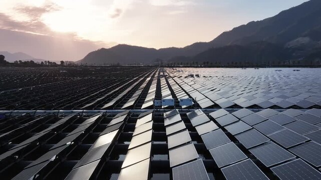 Floating solar farm by mountain lake