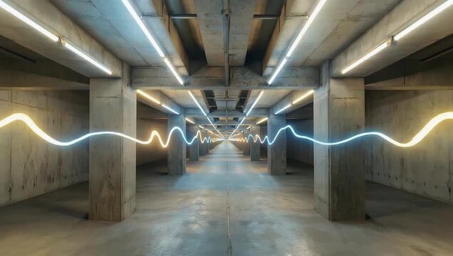 Seamless VJ loop crisp 4K resolution featuring raw concrete hall illuminated by neon tubes where yellow blue lights chase dynamically through the space creating an energetic futuristic visual 