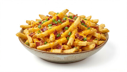Bowl of loaded french fries topped with melted cheddar cheese, bacon bits, and green onions isolated on white background