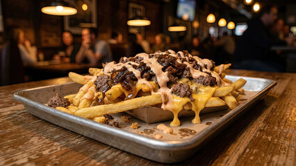 Loaded cheese fries with ground beef, caramelized onions, and creamy sauce served on a metal tray in a rustic restaurant