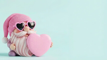 Cute 3D garden gnome wearing heart sunglasses and holding a pink heart on pastel blue background
