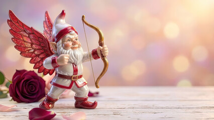Cute ceramic Cupid Gnome figurine with wings and bow standing on a wooden table with red roses for Valentine's Day
