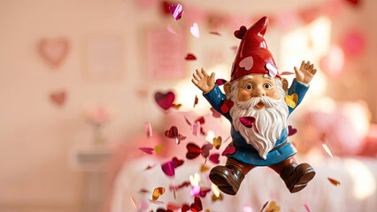 Joyful garden gnome figurine celebrating Valentine's Day with floating heart confetti in pink room