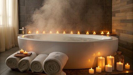 Steaming Bathtub Surrounded by Candles and Towels, Serene Spa Atmosphere Radiating Relaxation, Warmth, and the Peaceful Essence of Self-Care and Home Wellness