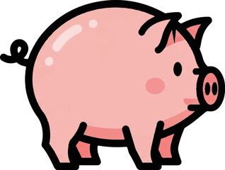 A cute, simplistic cartoon pig illustration in a pale pink hue with a black outline and a curly tail