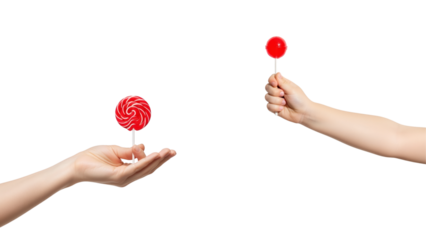Two hands hold lollipops against a black backdrop, showcasing a swirl pattern and vibrant red colors, creating a playful contrast