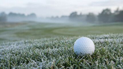 A golf ball rests on frosty grass on a foggy golf course