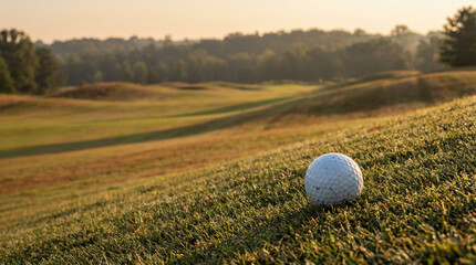 Golf ball on dewy grass with scenic morning light