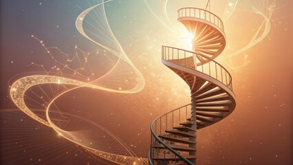 3D spiral staircase rising in a dreamy abstract background
