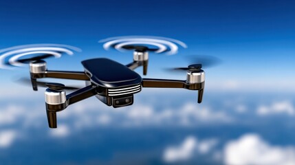 Drone flying above clouds during daytime with clear blue sky in the background and visible motion from propellers