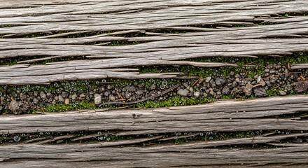 Weathered wooden surface reveals a textured channel filled with soil, moss, and small stones