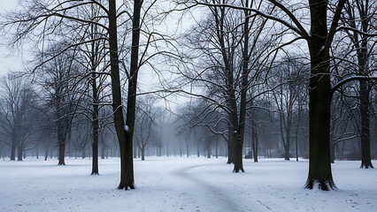 Snowy Winter Forest Path with Bare Trees in Foggy Atmosphere
