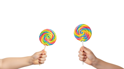 Two hands, holding vibrant, rainbow-colored spiral lollipops against a stark black backdrop. The focus is on the sweet treats