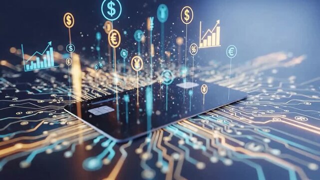 A digital credit card with currency symbols and circuit board patterns symbolizing financial technology.