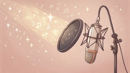 A microphone and pop filter in the air catching light patterns