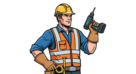 Male construction worker in safety vest and hard hat holding an electric drill