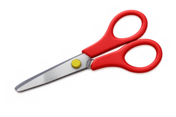 Scissors with red handles and metal blades for cutting paper, fabric, and art supplies on transparent background