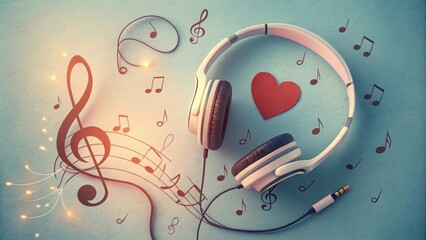 Obraz premium Headphones Forming a Heart Shape Surrounded by Music Notes