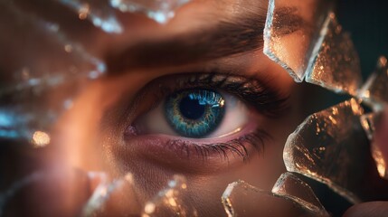 Woman's blue eye looking through shattered glass with intensity