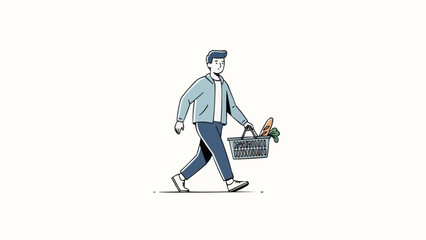 Obraz premium Man walking with a shopping basket full of groceries.