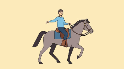 Person riding a horse with a light blue background.