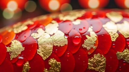 Close-up macro shot of koi fish scales that look like polished rubies and gold leaf
