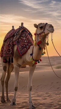 Camel at Sunset in Desert With Colorful Saddle and Tassels, Ornate Decor, and Calm Travel Vibe