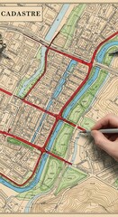 Expert hand carefully annotates vintage style property registration document overlaying urban development plan